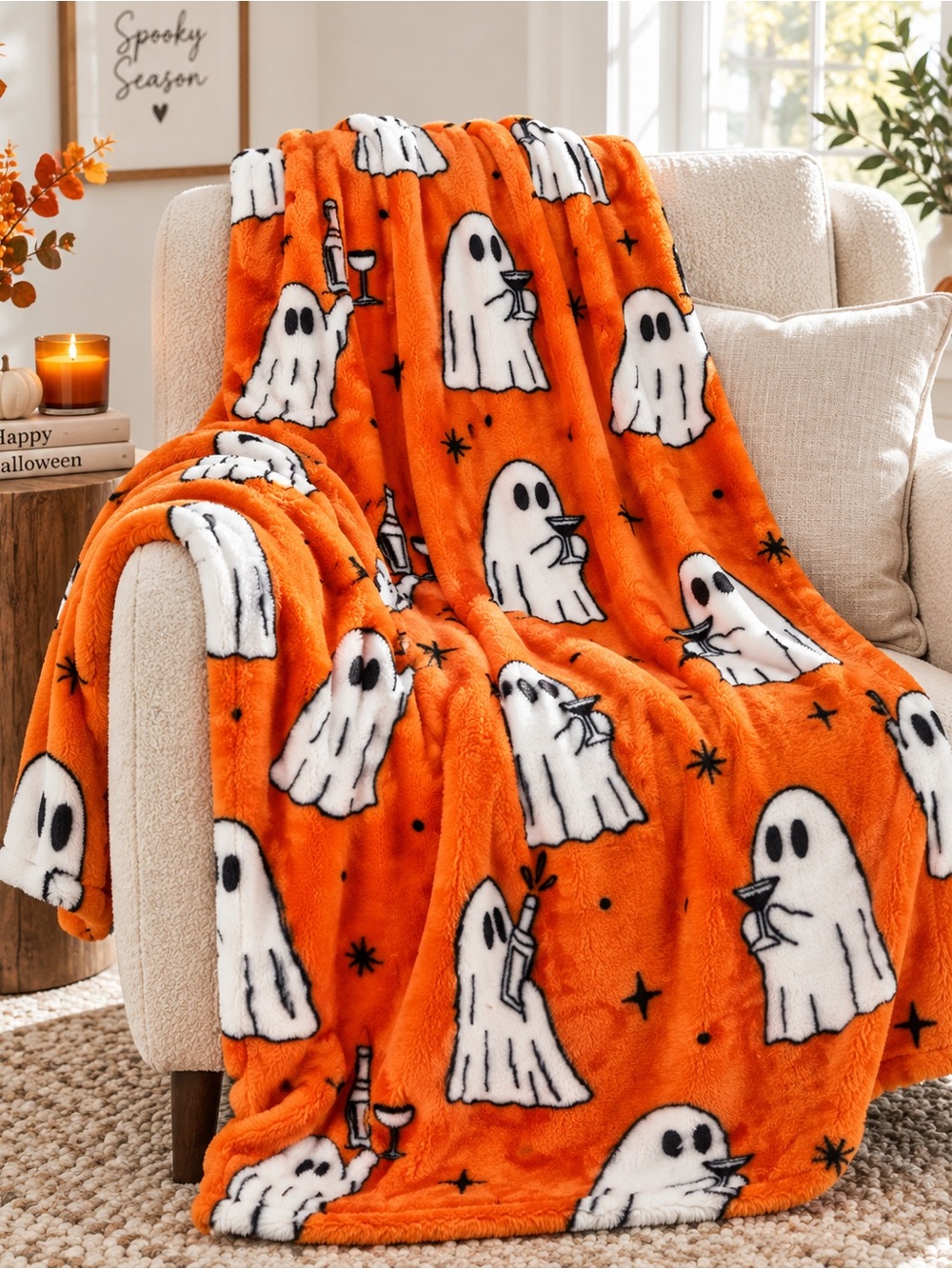NWT 60x70 Halloween Ghost Cocktail Plush Throw Blanket Orange Spooky Decor